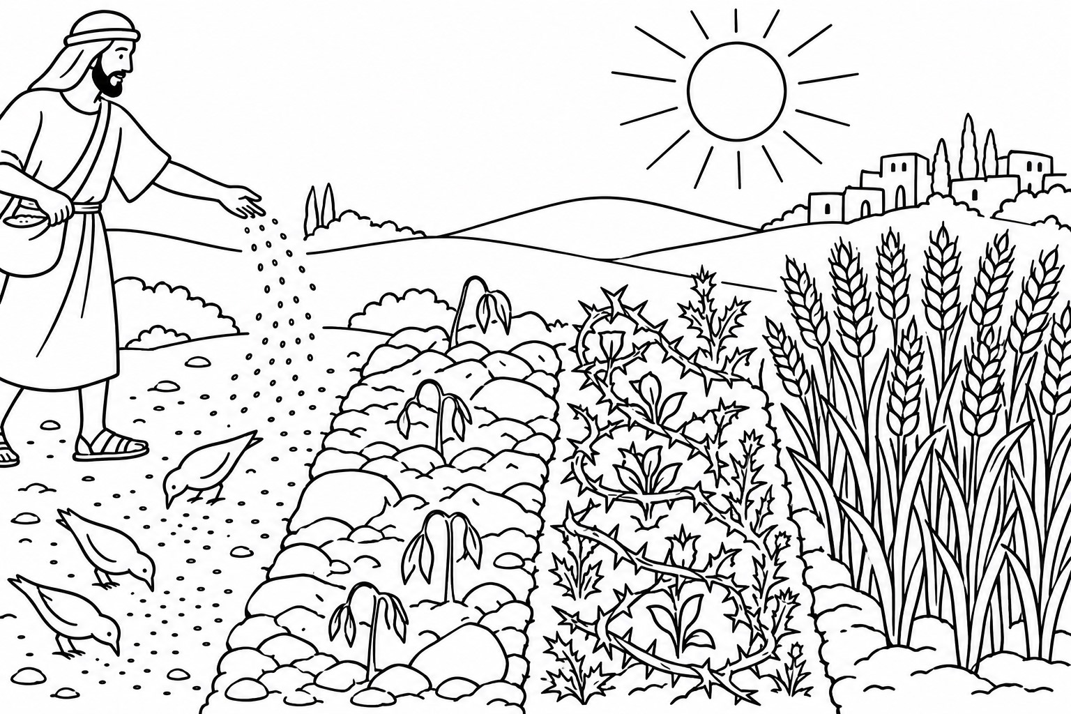 The Parable of the Sower Coloring Page 2: Coloring page: the four soils, a path with birds, rocks, thorns and tall healthy grain.