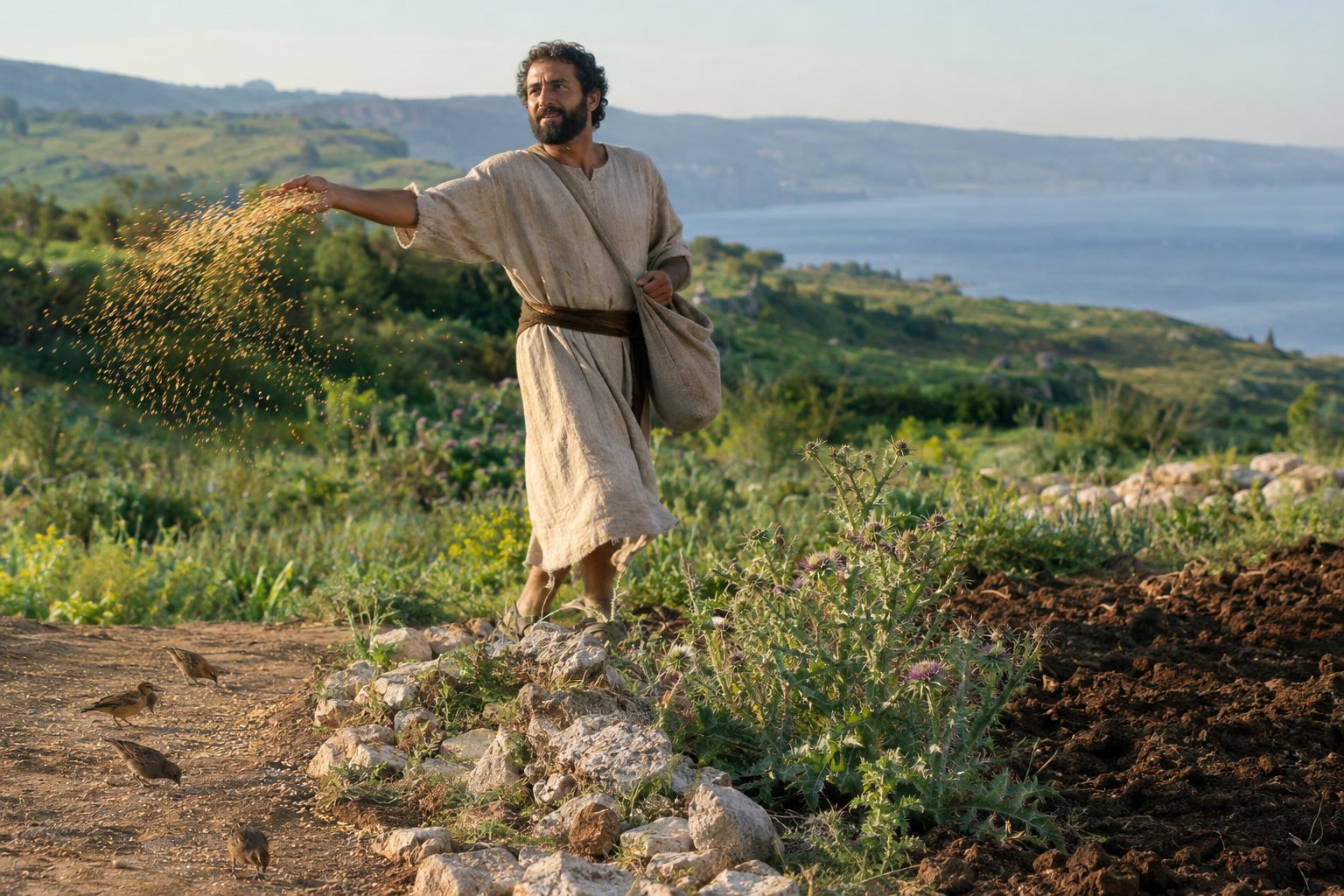 A farmer in Bible times scatters seed across a Galilean field with a hard path, rocks, thorns and good dark soil, while birds swoop down.