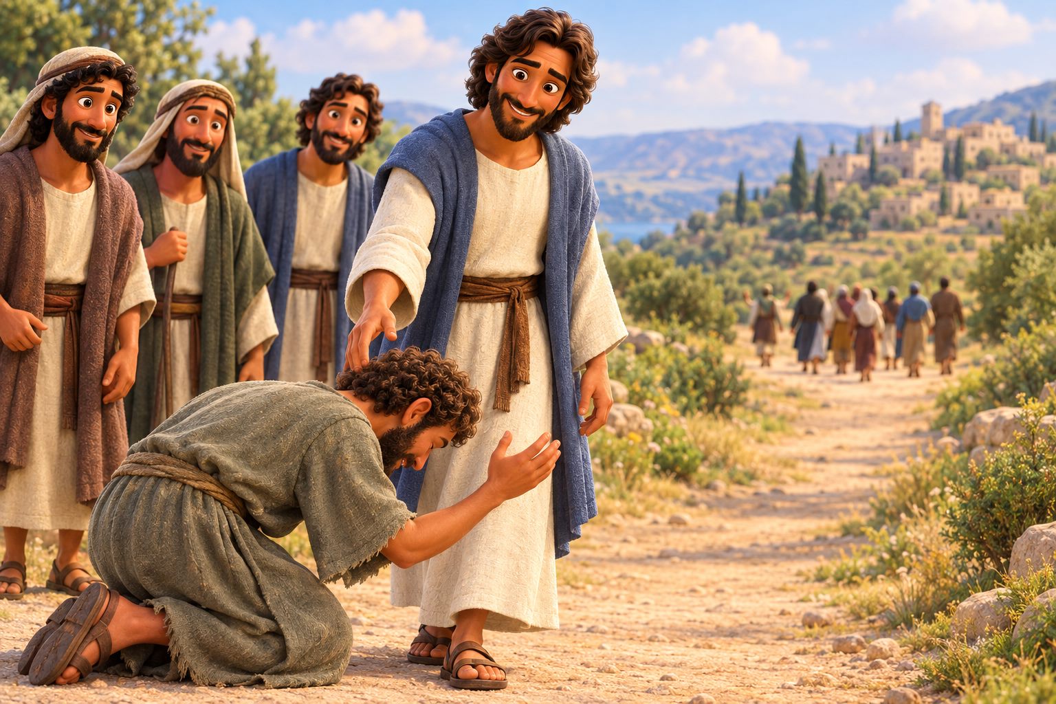 A healed Samaritan man kneeling joyfully at Jesus' feet on a dusty road while nine others hurry away in the distance.