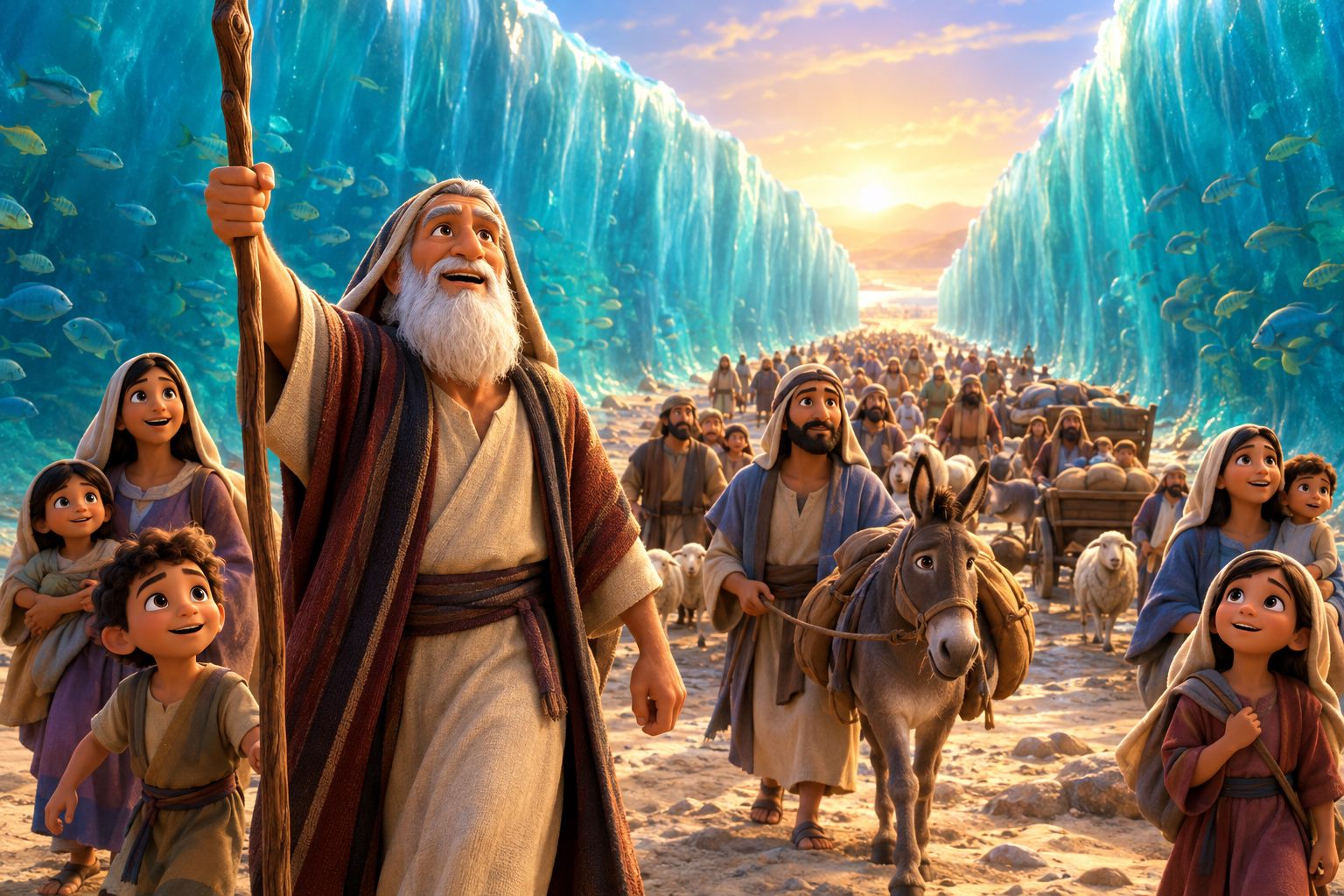Israelite families walking on a dry path between towering walls of water, Moses at the front with his staff raised.