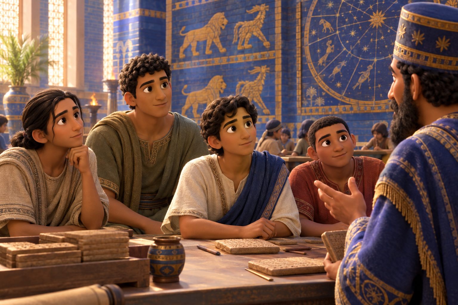 Daniel and his three friends in a grand Babylonian school with clay tablets and star charts, Daniel thoughtful and calm.