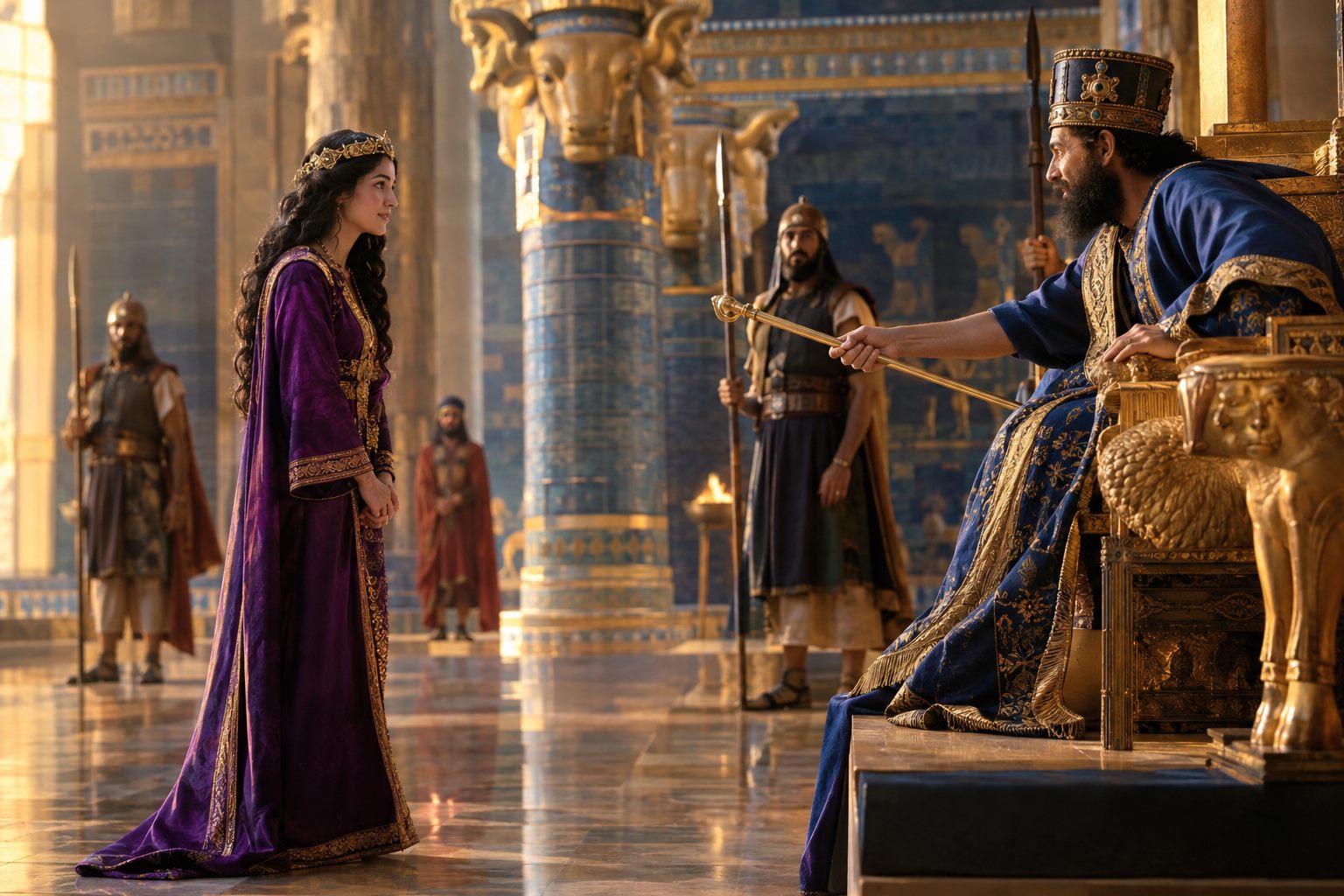 Queen Esther stepping bravely into the throne room as King Xerxes holds out his golden scepter to her.